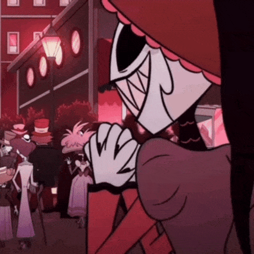 a cartoon character is standing in front of a crowd of people wearing top hats