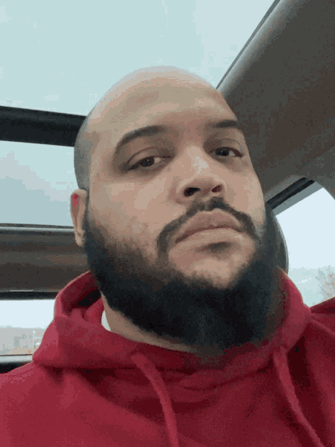 a man with a beard wearing a red hoodie looks at the camera