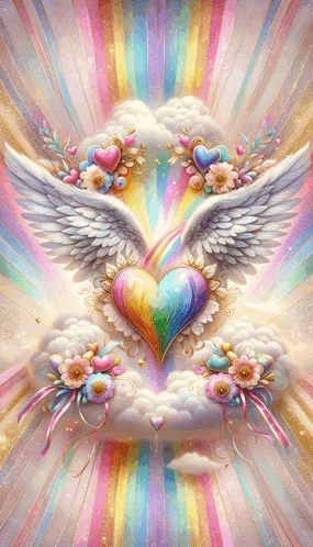 a painting of a rainbow heart with wings and clouds