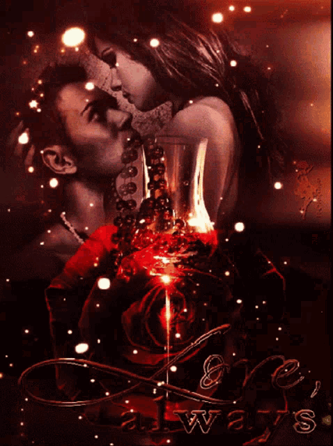 a man and a woman kissing in front of a candle with the word love always written on it