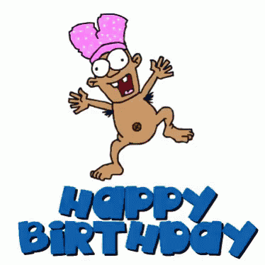 a cartoon of a naked man wearing a pink hat jumping in the air with the words `` happy birthday '' below him .