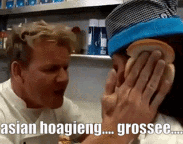 a man covering a woman 's face with a piece of bread and the words asian hoagieng grossee