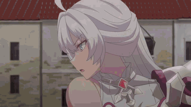 a girl with white hair and blue eyes is standing in front of buildings