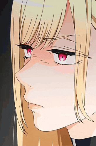 a close up of a blonde anime girl with red eyes and long hair