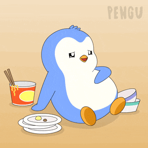 a cartoon of a penguin sitting next to a cup of ramen
