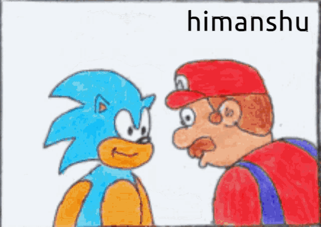 a drawing of a man kissing a blue cartoon character with the name himanshu above them