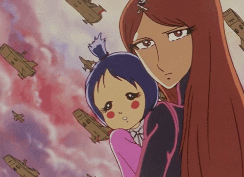 a cartoon of a woman holding a child with planes flying around them