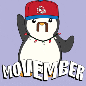 an illustration of a penguin wearing a red hat and the word november below it