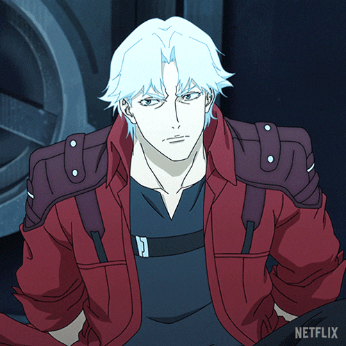 a man with white hair and a red jacket with netflix written on the bottom right