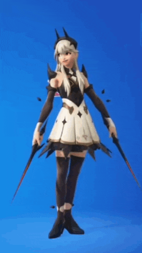 a girl in a black and white dress is holding two swords in front of a blue background .
