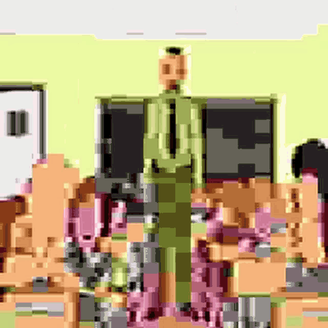 a pixel art of a man in a suit and tie standing in a room