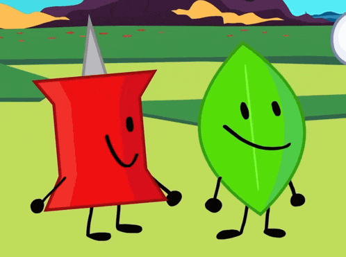 a red pin and a green leaf are smiling and standing next to each other