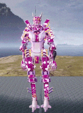 a purple robot is standing in front of a body of water with mountains in the background