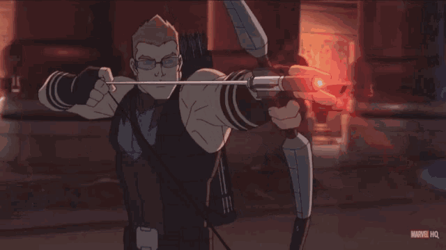 a cartoon of a man holding a bow and arrow with marvel hq written on the bottom right