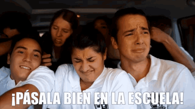 a group of people are sitting in a van with the words pasala bien en la escuela on the bottom