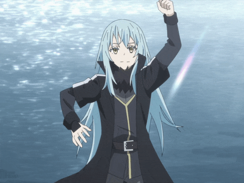 a cartoon character with blue hair and a black jacket