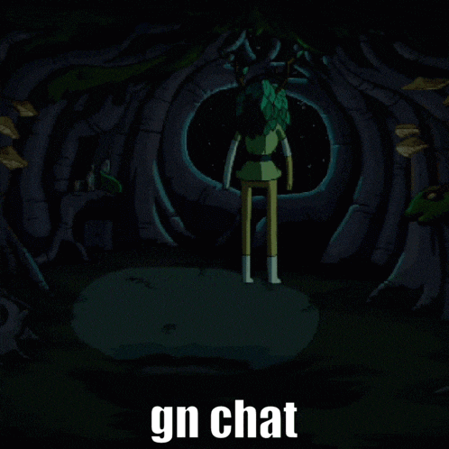 a cartoon character is standing in a dark cave with the words gn chat written on the bottom