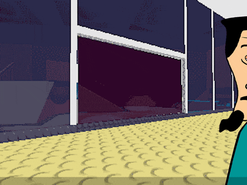 a cartoon character is standing in front of a window