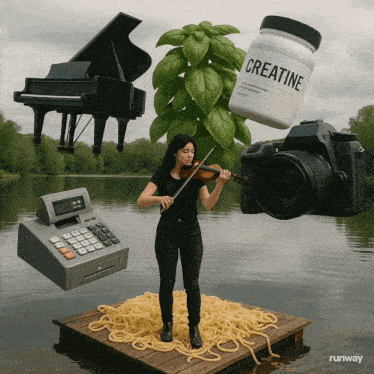 a woman is playing a violin while a bottle of creatine is floating in the air