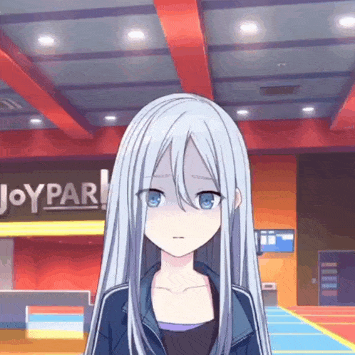 a girl with long white hair and blue eyes is standing in a room with a sign that says joypar .