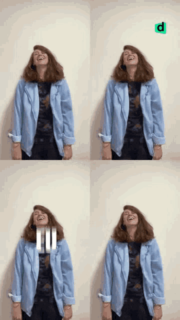 a woman wearing a denim jacket is laughing with the letter d behind her