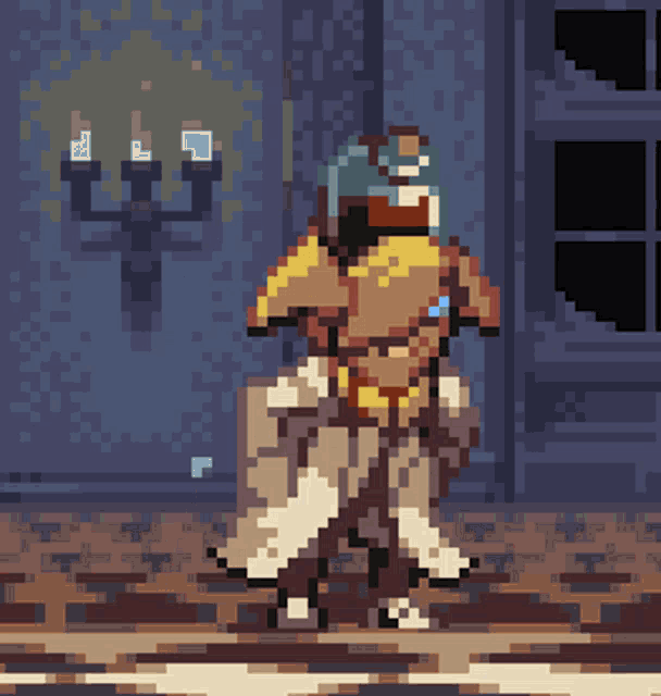 a pixel art drawing of a man carrying another man on his shoulders