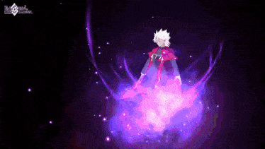 a character in a video game is surrounded by purple and pink smoke