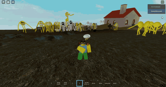 a screenshot of a video game shows a man standing in front of a house surrounded by yellow monsters