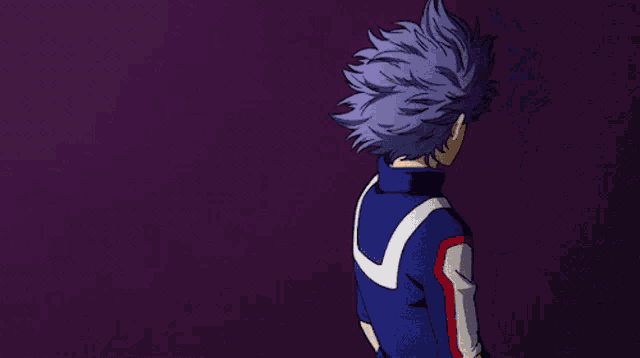 a drawing of a person with purple hair and blue eyes