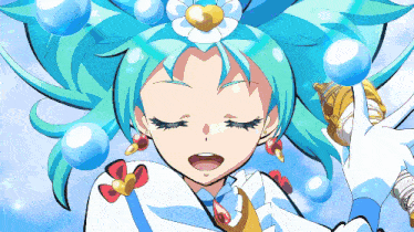 a girl with blue hair and a flower on her head