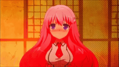 a girl with pink hair and blue eyes is standing in a room