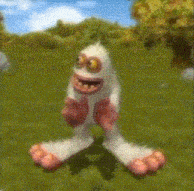 a cartoon character is standing in a grassy field with trees in the background