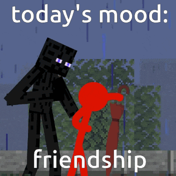 a black minecraft character standing next to a red stick figure holding an umbrella in the rain