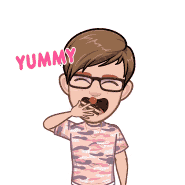 a cartoon of a man wearing glasses and a pink shirt with the word yummy on it
