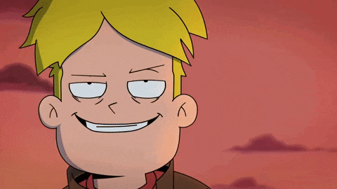 a cartoon character with purple eyes and a smile on his face .