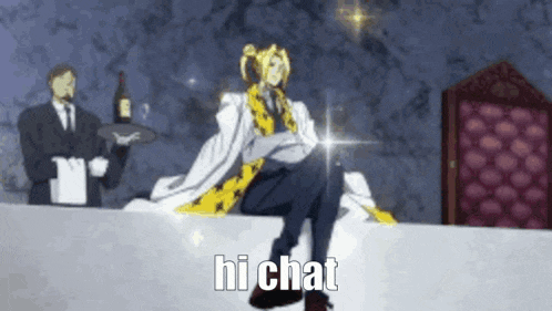 a man is sitting on a table with a bottle of wine and the words hi chat written on it