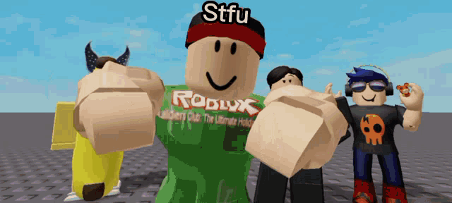 a group of roblox characters are posing for a picture and one of them has the name stfu on his hat