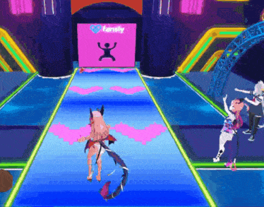 a cartoon character is walking down a blue runway in front of a pink sign that says fansly .