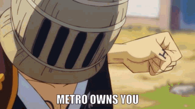 a person with a helmet on their head and the words metro owns you on the bottom