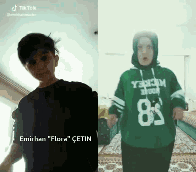 a tiktok video of a boy and a girl with the girl wearing a green hoodie with the number 8 on it