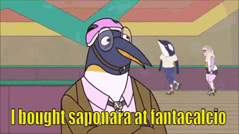 a cartoon of a penguin with the words i bought saponara at fantacalcio