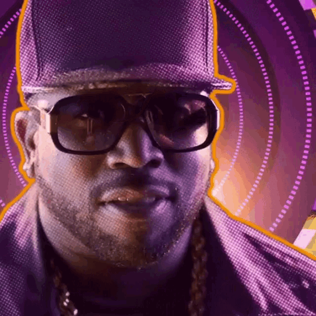 a man wearing sunglasses and a hat is surrounded by purple circles