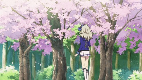 a girl in a blue and white skirt stands in a forest surrounded by pink flowers