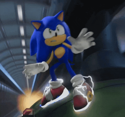 a cartoon character named sonic the hedgehog is standing on top of a green object