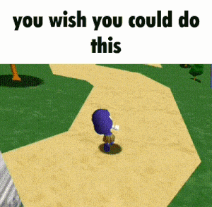 a video game character walking down a path with the words " you wish you could do this " on the bottom