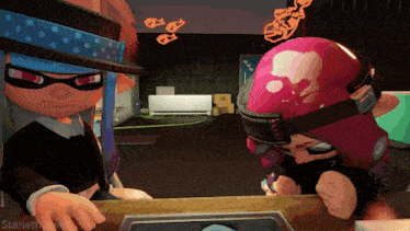 a couple of cartoon characters standing next to each other with the words starlet on the bottom left
