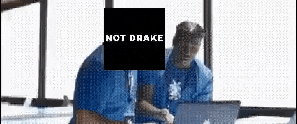 a man in a blue shirt is sitting in front of a laptop computer with a black square over his head that says not drake .