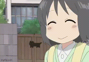 a cartoon girl is smiling in front of a wooden fence with a black dog hanging from it .
