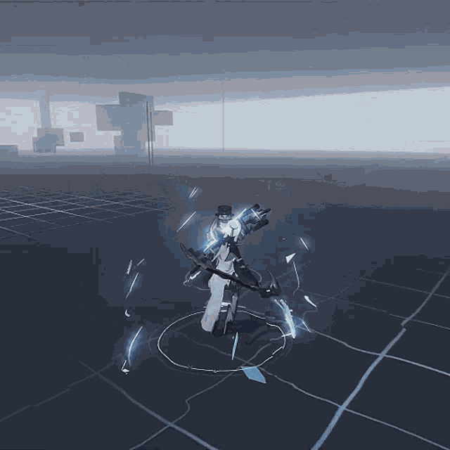 a computer generated image of a person holding a sword in a dark room