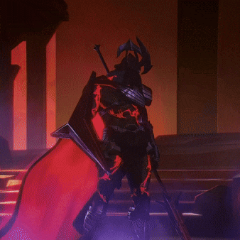 a man in armor with a sword and shield stands on a stage